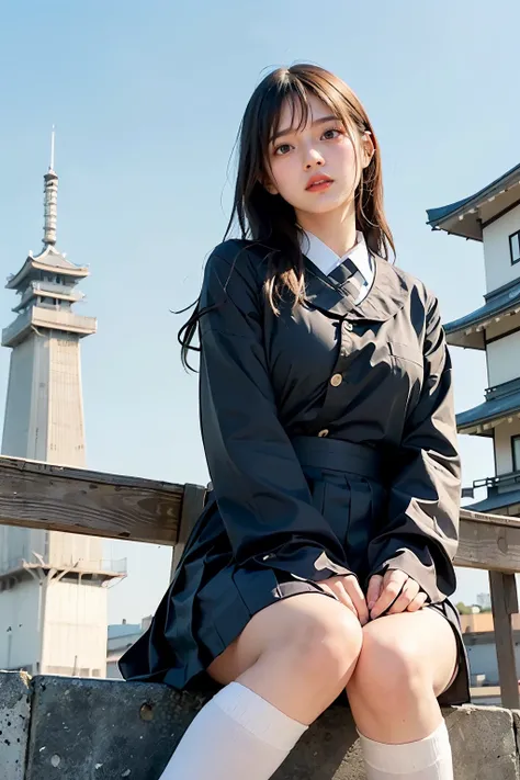 Masterpiece, bokeh, (Beautiful face), (Detailed face), (Perfect hands), (Japanese idle:1.6), (school uniform:1.3), (Sitting top of tower:1.3),( Large Bridge construction site:1.3), (Blushed face:1.3), (ruins:1.3), (From below:1.5), 