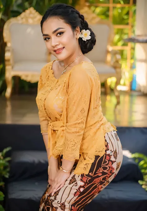 create a realistic picture of a woman with a proportional body shape wearing a golden yellow kebaya decorated with fine lace, combined with brown and black batik cloth. She has a round face, fair skin, thick eyebrows, big eyes with dramatic makeup, and nat...