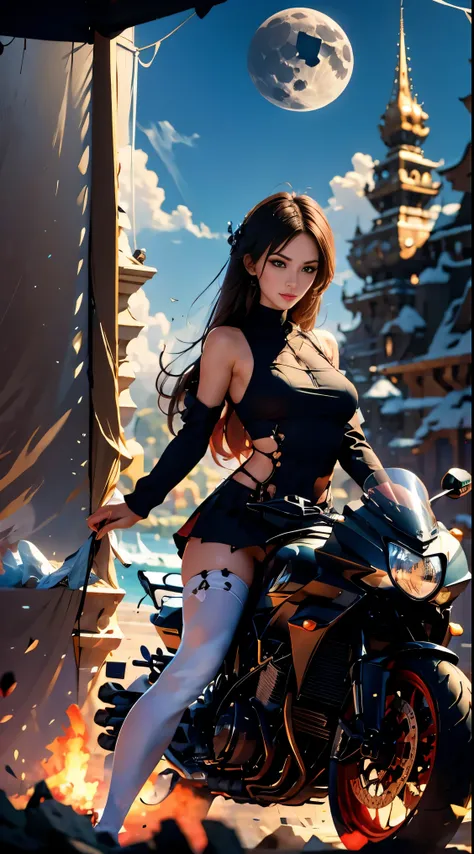 17-year-old Waifu Mary R. posando na frente de uma motocicleta futurista, the motorcycle has skulls and blue flames highly detailed 3D graphics, night scenery with full moon in the background, she is wearing a White  with 3D skulls and flames and Sailor Mi...