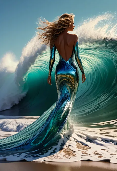 la plus haute qualité,masterpiece ,Ultra haute résolution,(réel:1.4),Photo originale,Ultra haute résolution,8k,Il y a une sublime femme surfeuse, peau claire, Maquillage exquis,Grandes vagues,Robe de soirée sublime :1.5, sublimes Longues jambes, Lumineux e...