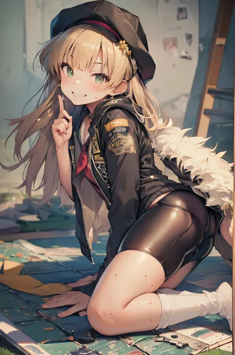 (masterpiece), Highest quality,masterpiece, Super detailed, High resolution,(light),Highest quality,fur-trimmed jacket, Yellow Jacket,loose socks, Sailor Hat, bandage one&#39;s knee,(Single knee socks), Fur trim,Fishnet Thigh High Sailor Costume, Ou Cave, ...