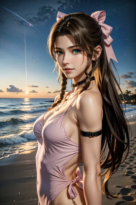 aerith,ff7, long hair, bangs, brown hair, bow, ribbon, jewelry, green eyes,  hair ピンクribbon, braiding, hair bow, side lock, chok...