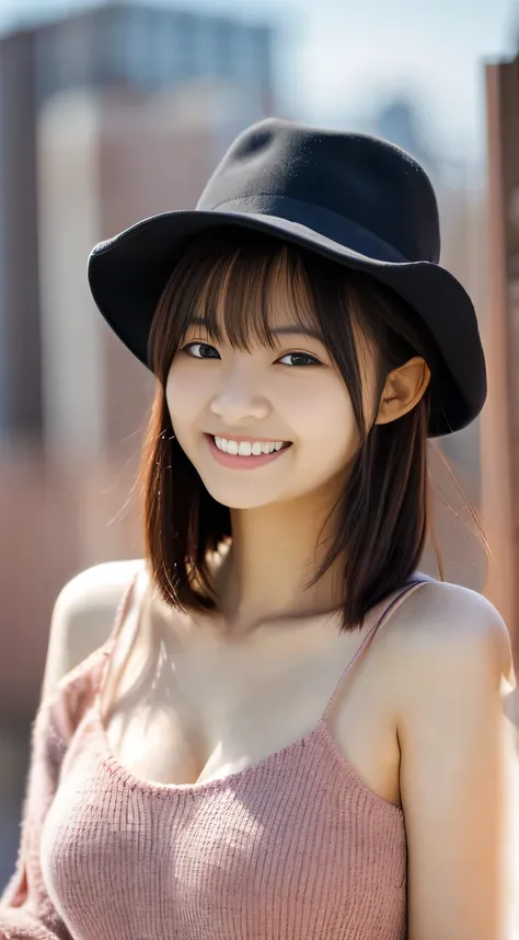 masterpiece,best quality,(Japanese girl),((Beautiful girl)),cleavage,(perfect body beauty:1.2),(shy smile),beautiful teeth,(hat),(Blurred background of brick buildings),
