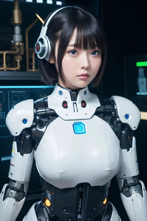 masterpiece, best quality, extremely detailed, Japaese android girl,Plump , control panels,android,Droid,Mechanical Hand, ,Robot arms and legs, Black hair,Mechanical body,Blunt bangs,White Robotics Parts,perfect robot woman,Charging spot,perfect mechanical...