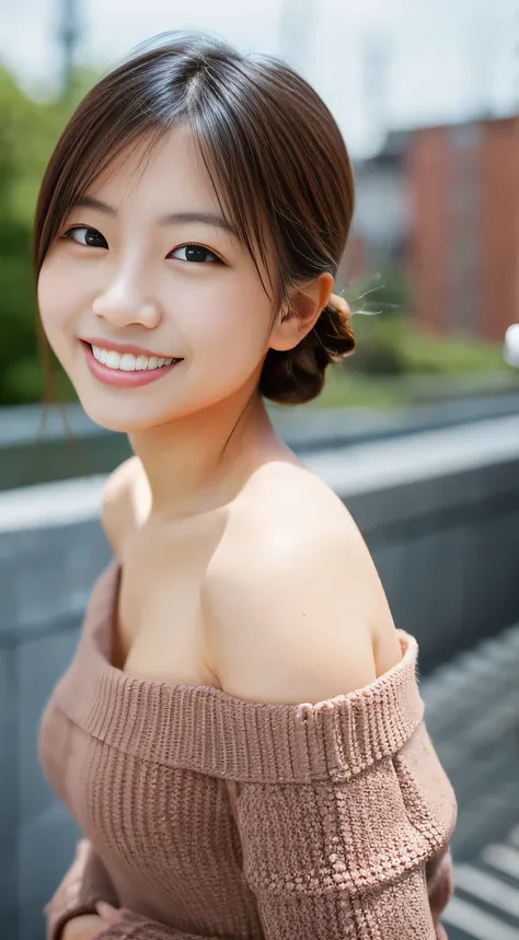 masterpiece,best quality,(Japanese girl),((Beautiful girl)),cleavage,(off shoulder:1.2),(perfect body beauty:1.2),(shy smile),beautiful teeth,(Blurred background of brick buildings),From slightly above,