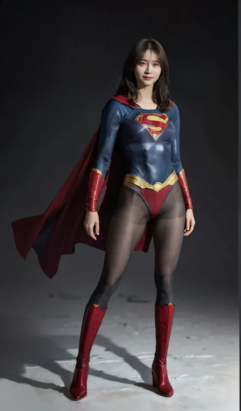 No background、(((Beautiful short haircut)))、(((Beautiful legs in black tights.)))、(((Legally express the beauty of your smile)))、((((Make the most of your original images)))、(((体にぴったりフィットするSupergirl Costume)))、(((Supergirl Costume)))、(((short and beautiful...