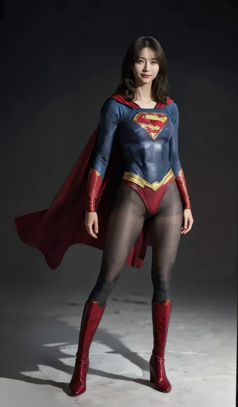 No background、(((Beautiful short haircut)))、(((Beautiful legs in black tights.)))、(((Legally express the beauty of your smile)))、((((Make the most of your original images)))、(((体にぴったりフィットするSupergirl Costume)))、(((Supergirl Costume)))、(((short and beautiful...