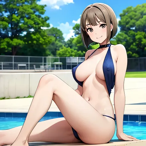 nsfw:1.2,17 years old, With a girl, Old style navy blue swimsuit,Large Breasts:1.2,Tight waist, The hairstyle is a bob cut, Poolside Background,smile,Full Body Lesbian、Erect nipples