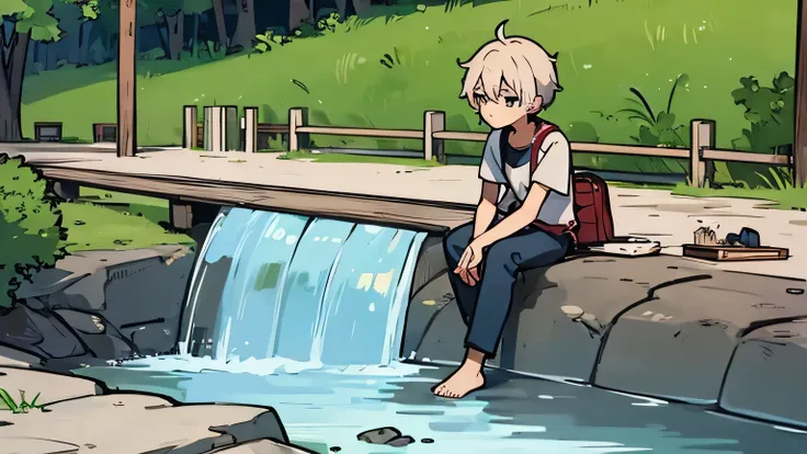 a poor teenager in worn-out clothes pensively by the river with a net next to him