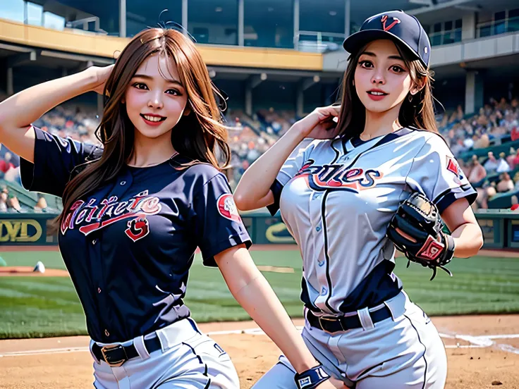 group_mf, 
a young and beautiful female baseball player wearing a baseball uniform playing a female baseball game in a stadium, ...