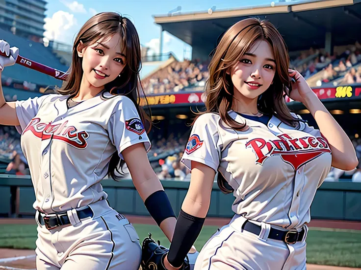 group_mf, 
a young and beautiful female baseball player wearing a baseball uniform playing a female baseball game in a stadium, ...