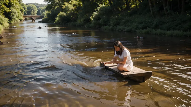 A woman dowing with a baby in river on a wooden piece, master piece, top quality 