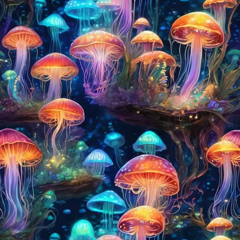 Dreamlike fantasy art, glowing mushrooms in a jellyfish terrarium, iridescent colors, bioluminescent glow, detailed and magical.