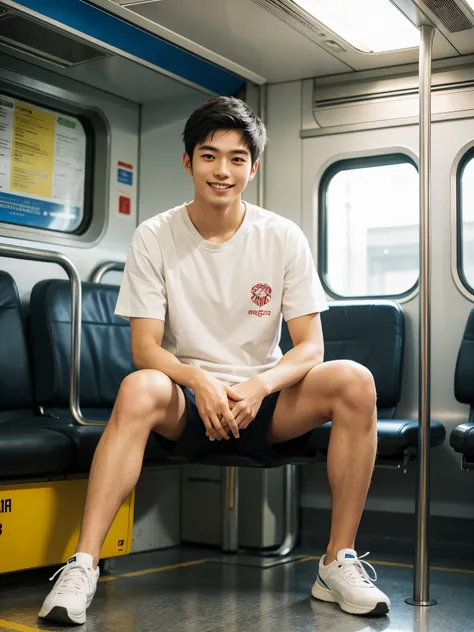 Japanese, male, university student, Wearing shorts, Sitting, ((full body)), (super sharp focus), (Hairy legs), smile, Anatomically correct, on the train,