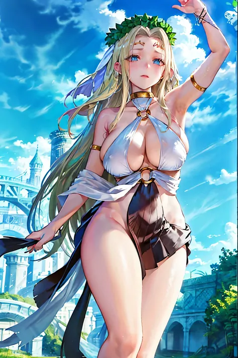 Armpit Show,Highest quality, masterpiece,View your viewers,A bottom view of the bare feet of a giant goddess strolling through the city in anime style