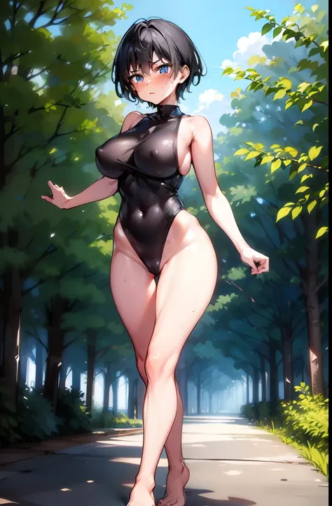 boyish,Very short hair,Black Hair,Large Breasts,Black leotard,High Leg,blush,Serious face,blue eyes,forest,Sweat,Full body image,barefoot,Are standing,