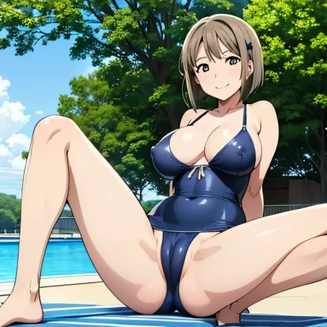 nsfw:1.2,17 years old, With a girl, Old style navy blue swimsuit,(Large Breasts:1.2),Tight waist, The hairstyle is a bob cut, Poolside Background,smile,Full Body Lesbian、Erect nipples、camel toe