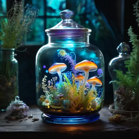 A magical apothecary jar, containing glowing mushrooms and strange plants, jellyfish glass, alchemical vibes, mysterious and enchanting.