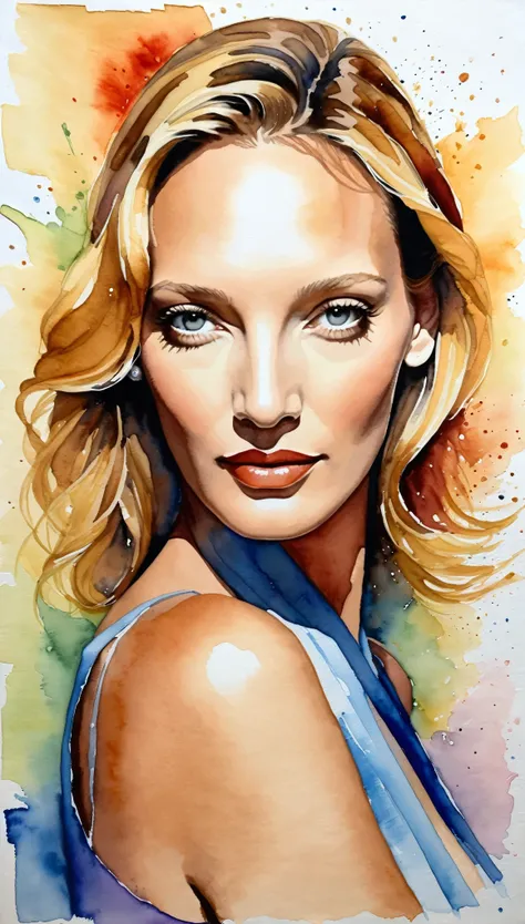 masterpiece,Uma Thurman Acrylic and Watercolor Painting,(Beautiful gradation created by layering),(Tarashikomi technique),A delicate touch