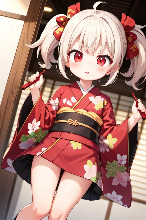 little_girl, Emi, two-tone hair, red eyes, pigtail, hair ornaments, red kimono, print kimono, legs, dynamic angle, 