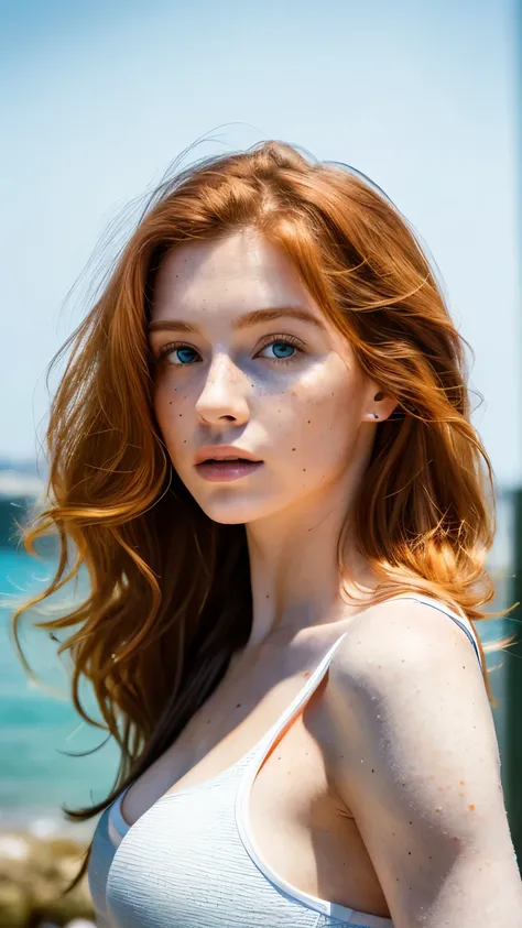 1 girl age 27, wearing short and tshirt, solo, aesthetic artwork, irish redhead, long wavy ginger hair, grayeyes light, some small freckles, pale skin, G-cup, huge breasts, slim body, runners body, (textured skin, skin pores:1,1), (moles:0,8), imperfect sk...