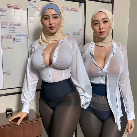 (((38 years Old, Beauty Hijab Indonesian MILF))), (((Large Saggy Breasr :1.3))), ((Tight Unbuttoned Shirt, Tight Pantyhose)), white skin like porcelain, Curvy body, ((Breast Burst Out)), (((at Teacher Office, High light, at Day time, 128K HDR Best Quality ...