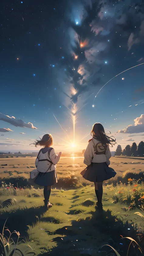 Hair in the air, Rear view, Look at the sun, 空にはuniverse船がある, three suns, Black Hair Girl, 12-year-old girl, Standing in the grassland, landscape, universe, 8k, Super Detail,Stand 20 meters away,