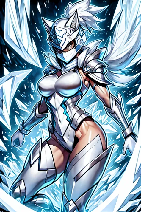 Silver female masked warrior overflowing absolute ice power 