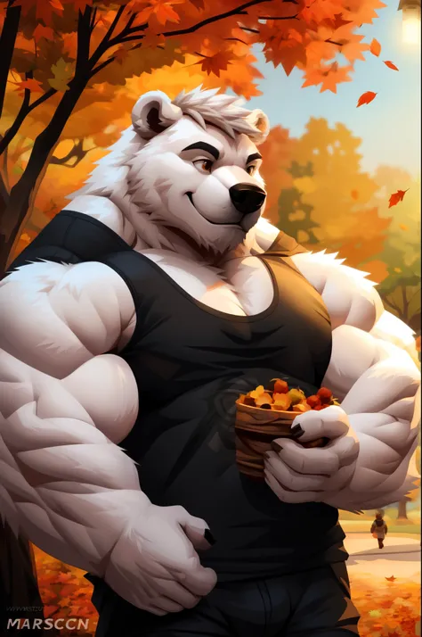 a muscular furry white Bear, polar bear in park, tank top, happy, autumn, vector, mwvector, bokeh, smile, (masterpiece:1.2),(best quality,8k),huge and muscular,thick arms,short hair,white hair