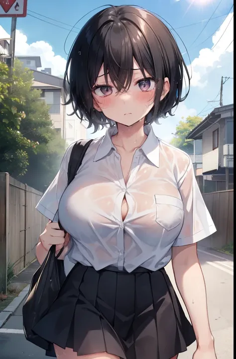 Residential area,the way,Girl 1,boyish,Very Short Hair,Black Hair,blush,Sweaty,Wet,Summer uniform,mini skirt,White shirt,Cowboy Shot,Walking,sun,cloud,Big Breasts,hot,Troubled face,close your eyes,Open your mouth,