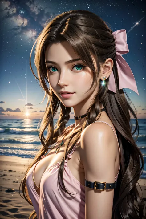 
Aerith,FF7, Long Hair, bangs, Brown Hair, bow, ribbon, jewelry, Green Eyes,  hair ピンクribbon, Braiding, hair bow, Side Lock, choker, necklace, lips, parted bangs, pink bow, Portraiture, Realistic,Super high quality,high quality,masterpiece,Digital SLR,Deta...