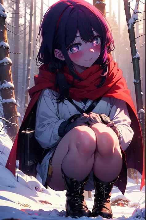 aihoshino, Ai Hoshino, Long Hair, bangs, (Purple eyes:1.1), Purple Hair, (Symbol-shaped pupil:1.5), smile,,smile,blush,white breath,
Open your mouth,snow,Ground bonfire, Outdoor, boots, snowing, From the side, wood, suitcase, Cape, Blurred, , forest, White...