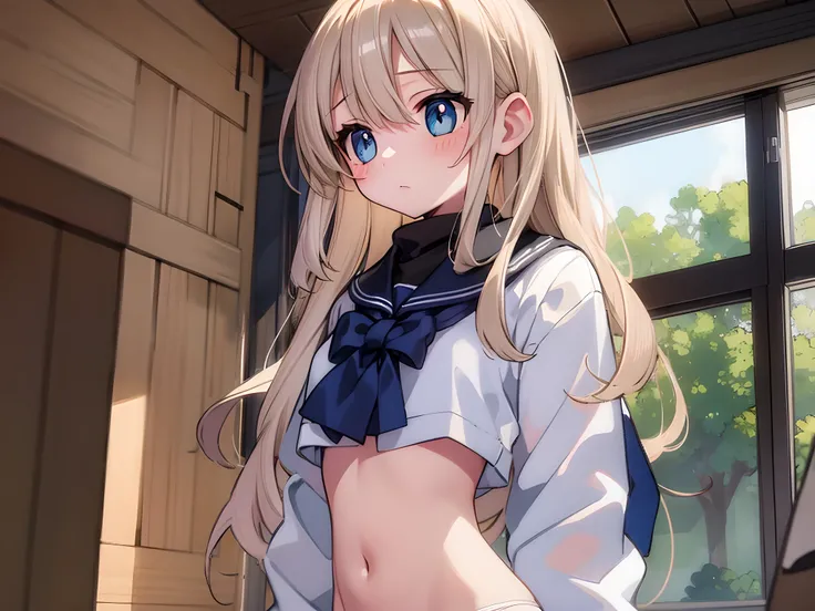 (1 girl), high school girl, blonde hair, blue eyes, very pretty and cute, white skin, long hair, ((from front: 1.8)), (upper body only in sailor suit: 1.3, lower body only in white panties: 1.4, lace panties), (standing with legs spread), navel, (blush, em...