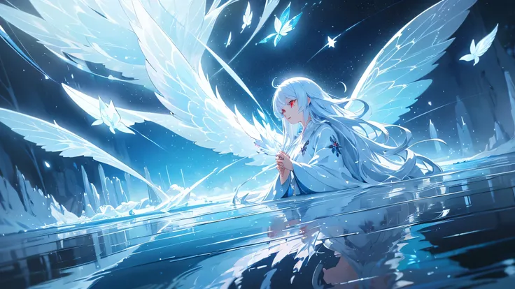 An anime-style illustration of a spirit wearing an ice kimono, with long white hair and beautiful red eyes. The scene is set in a stunning world of water and ice, with light particles and reflections creating a fantastical atmosphere. The spirit appears jo...