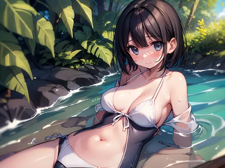 photo realistic, raw photo, 1cute girl,12years old, short hair, black hair,small breasts,((tropical beach)), (((school swimsuit ))),(spread legs),blush, embarrassed smile, front lighting, (slipped swimsuit, off shoulder, breast off, bared breast:1.3),