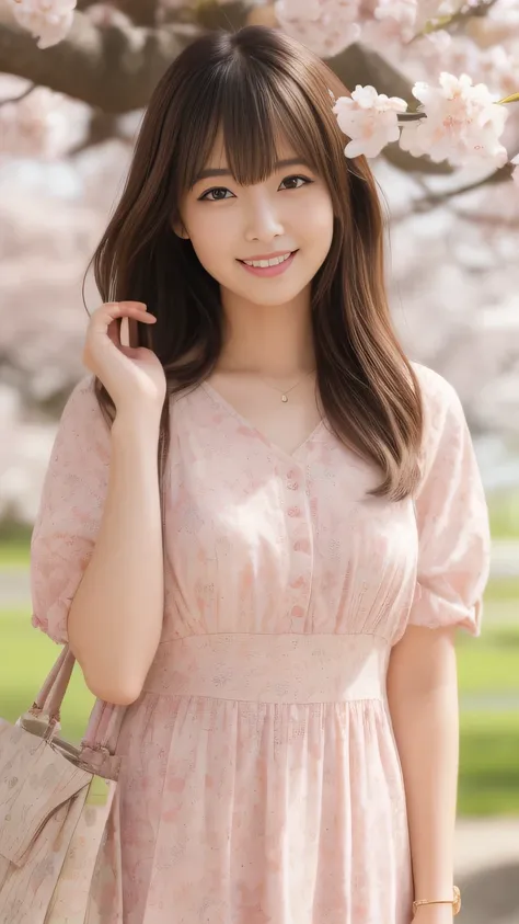 A highly realistic image of a Japanese woman with a cute style. She has medium-length brown hair with bangs, large expressive eyes, and a gentle smile. She is wearing a pastel-colored dress with a floral pattern, and she is in a bright, outdoor setting wit...