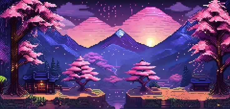 mountains, big pink trees, cherry trees, sakura, forest,  evening, twilight, sunset, fireflies flying in the air, epic, mystical, pixel style like minecraft and stardew valley