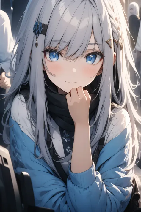 a faint smile, white hair, blue eyes, 8k, best quality