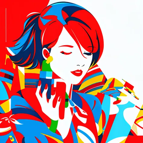 illustration
solo
1girl
closed eyes
simple background
red background
red theme
shadow
profile
limited palette
flat color
hair over one eye
upper body
short hair
red skin