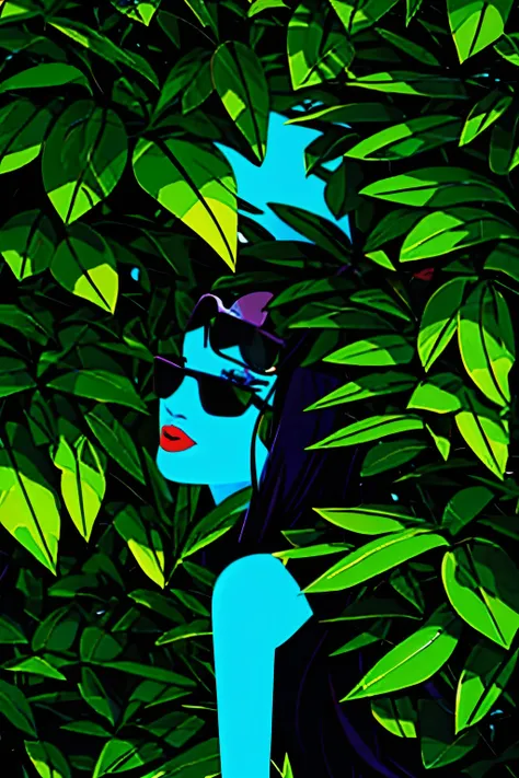 illustration
leaf
green theme
solo
no humans
plant
blue eyes
looking at viewer
sunglasses
outdoors
red lips
makeup
pokemon (crea...