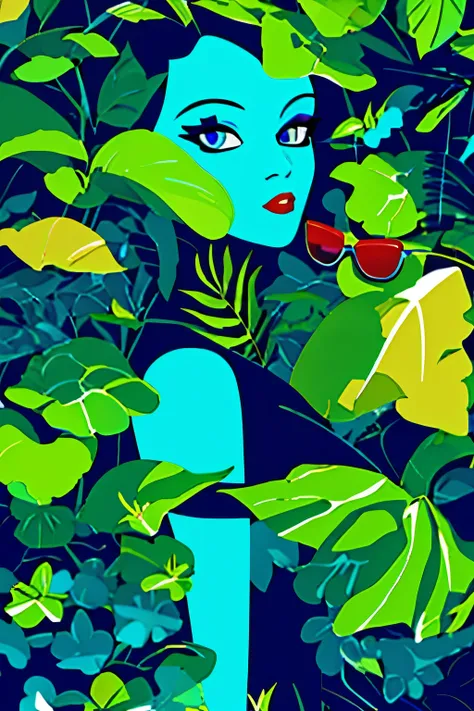 illustration
leaf
green theme
solo
no humans
plant
blue eyes
looking at viewer
sunglasses
outdoors
red lips
makeup
pokemon (crea...