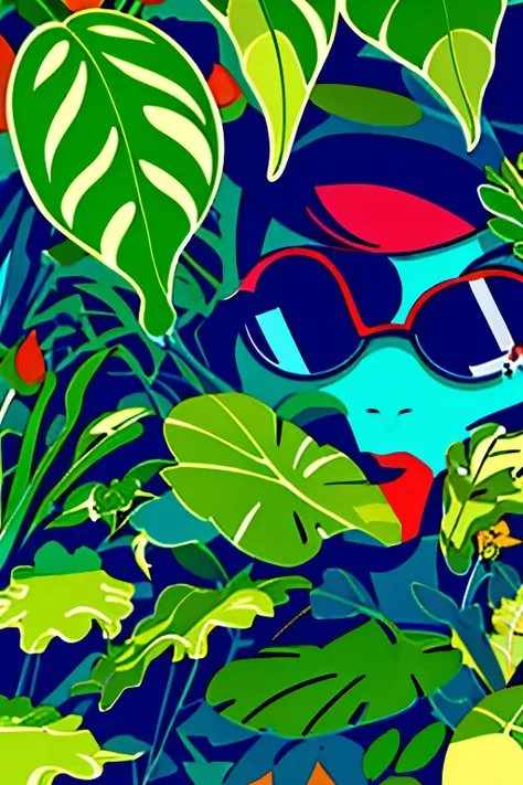 illustration
leaf
green theme
solo
no humans
plant
blue eyes
looking at viewer
sunglasses
outdoors
red lips
makeup
pokemon (crea...