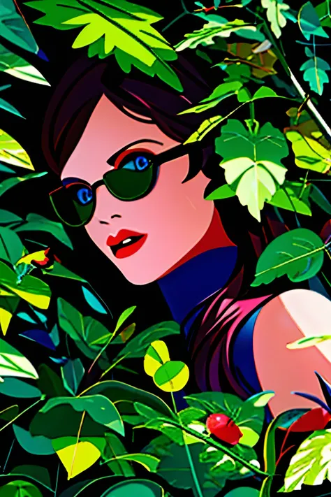 illustration
leaf
green theme
solo
no humans
plant
blue eyes
looking at viewer
sunglasses
outdoors
red lips
makeup
pokemon (creature)
lipstick
nature