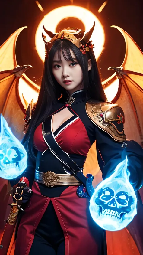 Girl, Holding a sword decorated with Japanese symbols, Blue flames coming out of the decoration, A dragon came out of it、A blue wind blows with a skull ghost, Perfect Judy with a face and scythe，The woman is wearing a proper red outfit made of sickle steel...