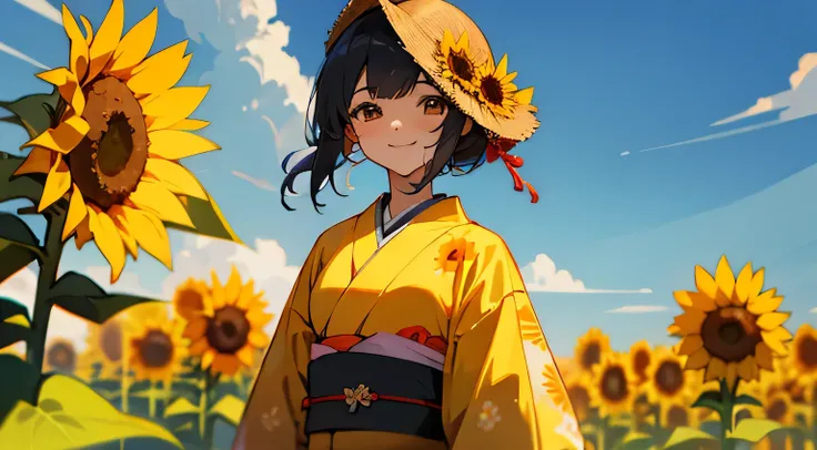 summer, sunflowers, kimono, smile, Japanese Girl