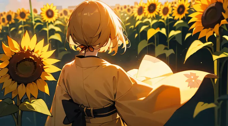 summer, sunflowers, kimono, Japanese Girl, back view