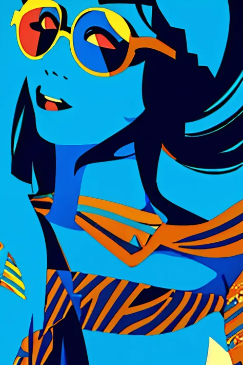 illustration
1girl
solo
sunglasses
open mouth
blue hair
flat color
long hair
colored skin
blue skin
blue theme
high contrast
hand up
limited palette