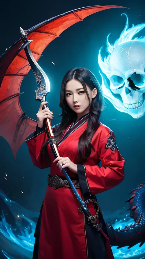 Girl, He is holding a sword decorated with the Japanese symbol of life., Blue flames coming out of the decoration, A dragon came out of it、A blue wind blows with a skull ghost, Perfect Judy with a face and scythe，The woman is wearing a proper red outfit ma...