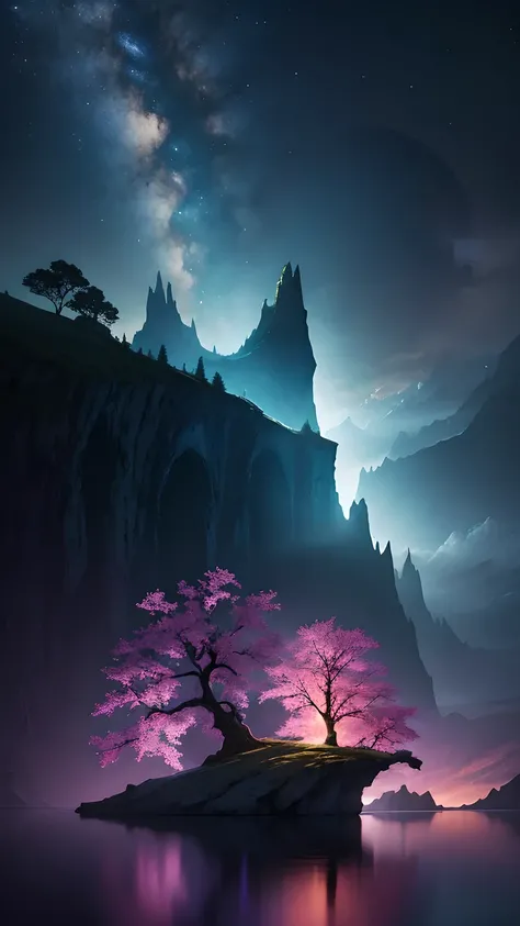 Photographs that capture the essence of a magical dream world. An epic cliff，Hanging over a beautiful lake, Surreal and vivid colors illuminate its reflection. The atmosphere is otherworldly, The soft night light casts a flowing shadow. The image creates a...