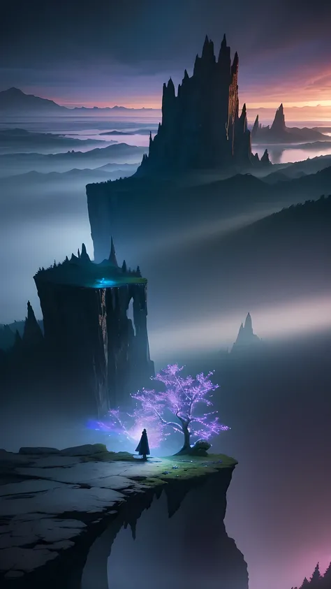 Photographs that capture the essence of a magical dream world. An epic cliff，Hanging over a beautiful lake, Surreal and vivid colors illuminate its reflection. The atmosphere is otherworldly, The soft night light casts a flowing shadow. The image creates a...